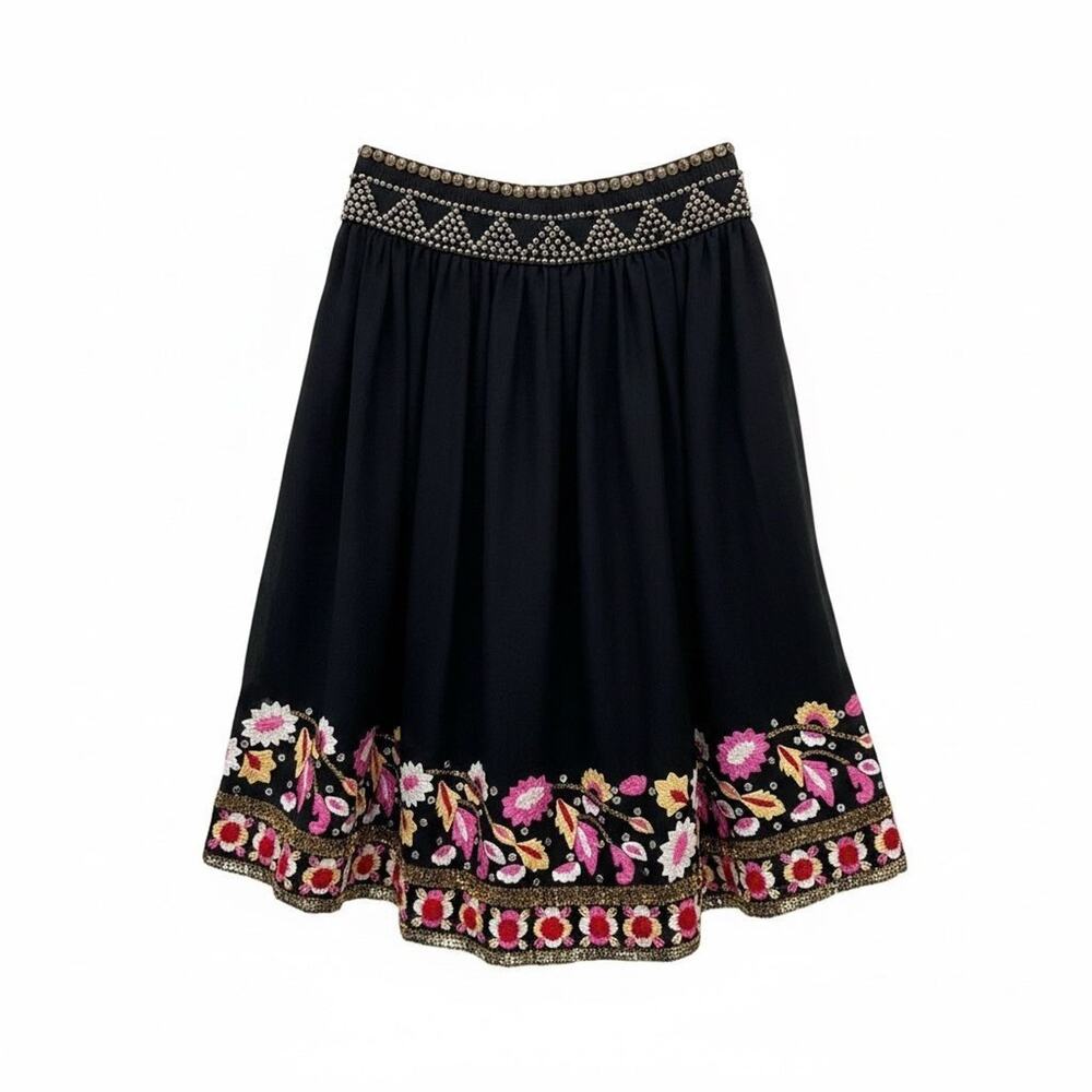 BOSTON PROPER BLACK BEADED FLORAL FULL CIRCLE EMBROIDERED SKIRT SZ 6